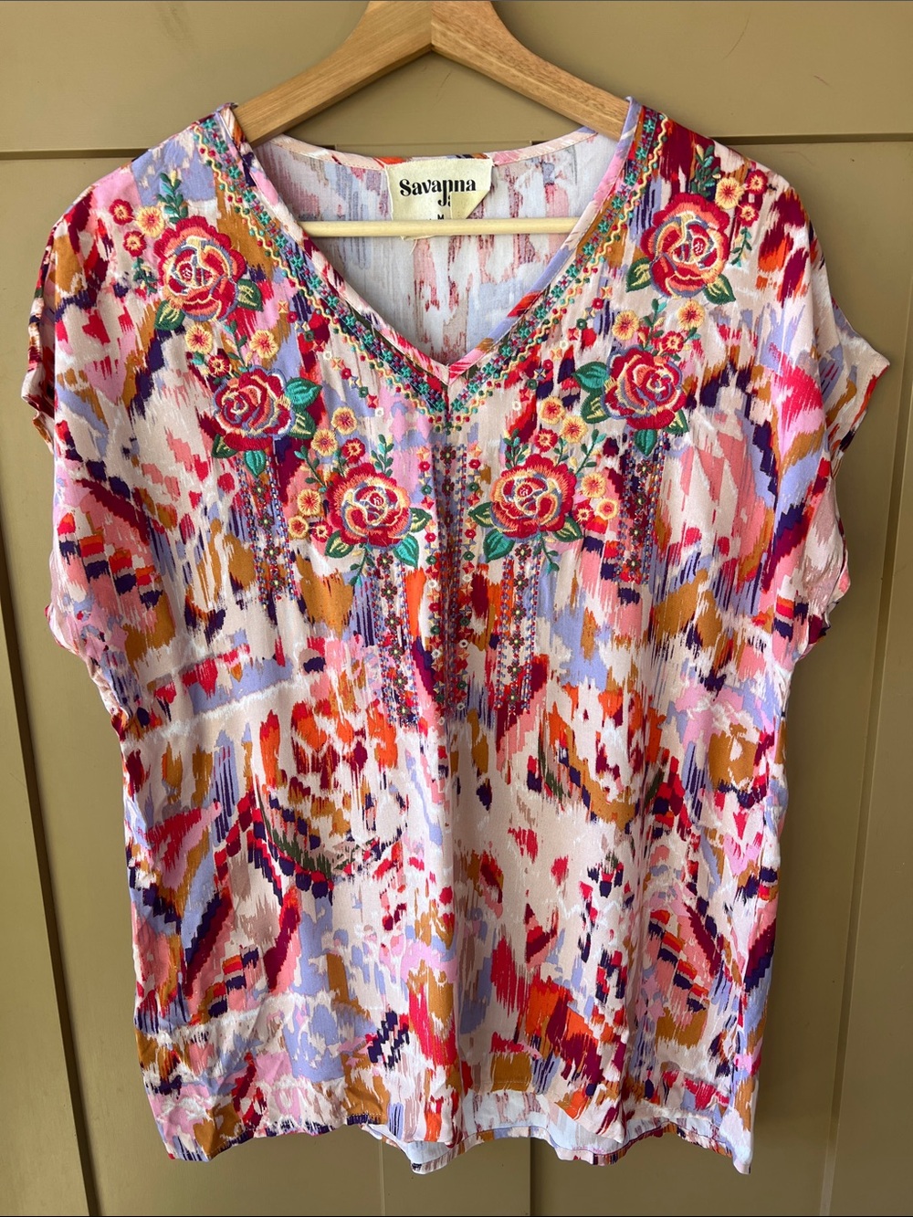 Savannah Jane Sz M Like New Multicolor Floral V-Neck Embroidered Tunic Top